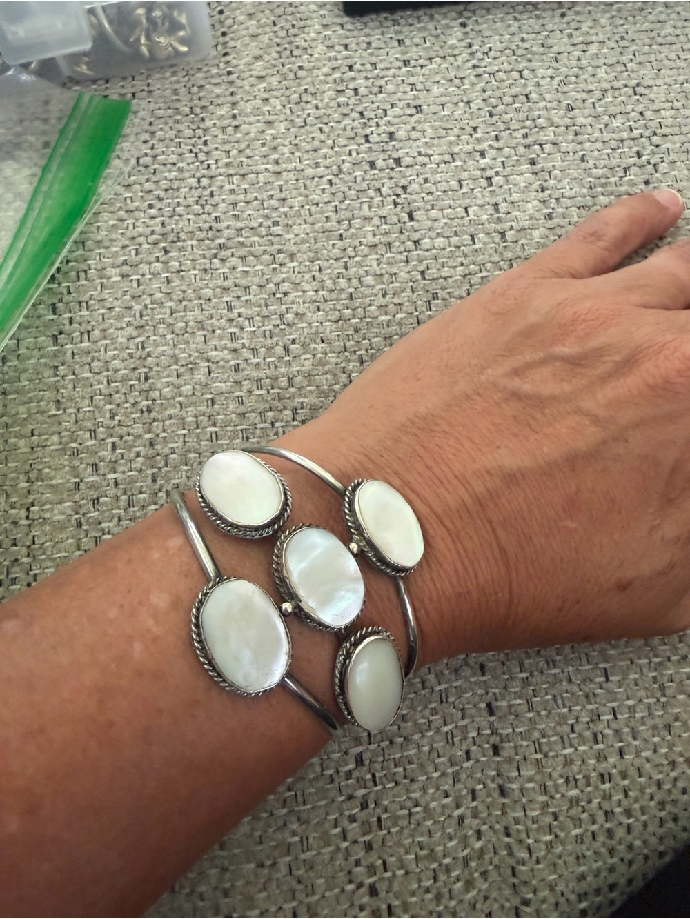 Silver Cuff Bracelet with White Mother-of-Pearl Ovals